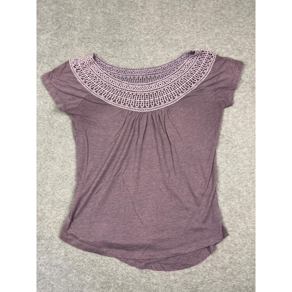 Prana Top Women S Purple Crochet Neck Short Sleeve T-Shirt Casual Boho